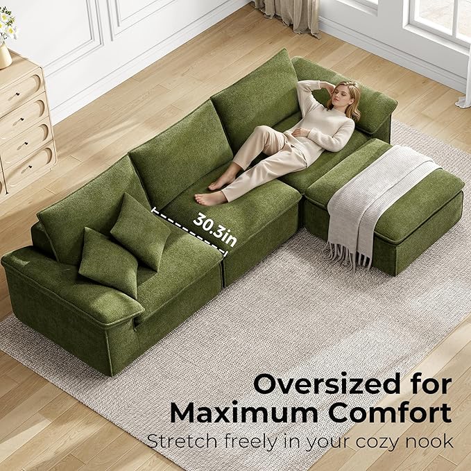 LIKIMIO 120 L-Shaped Modular Sectional Sofa Cloud Sectional Couch with Deep Seat Comfy Teddy Upholstery Oversized 3-Seater with Ottoman Boneless Couch for Living Room No Assembly Green