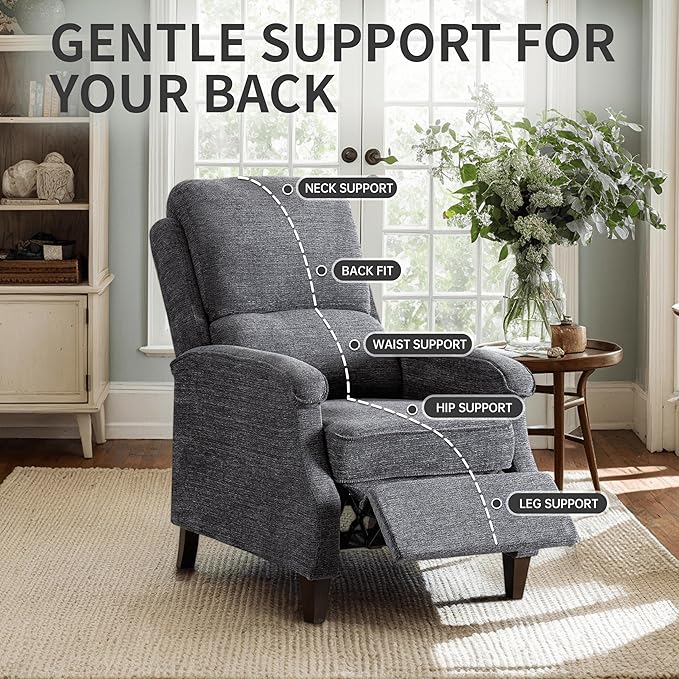 VKNOW Recliner Chair Fabric Recliner with Soft Armrest Home Theater Seating with Adjustable Push Back and Lumbar Support Single Sofa for Adults Lounge Chair for Living Room Bedroom（Dark Grey）