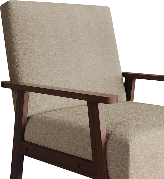 Mid-Century Modern Accent Chair Linen Upholstery Wooden Armrests Cushioned Seat Easy Assembly Beige