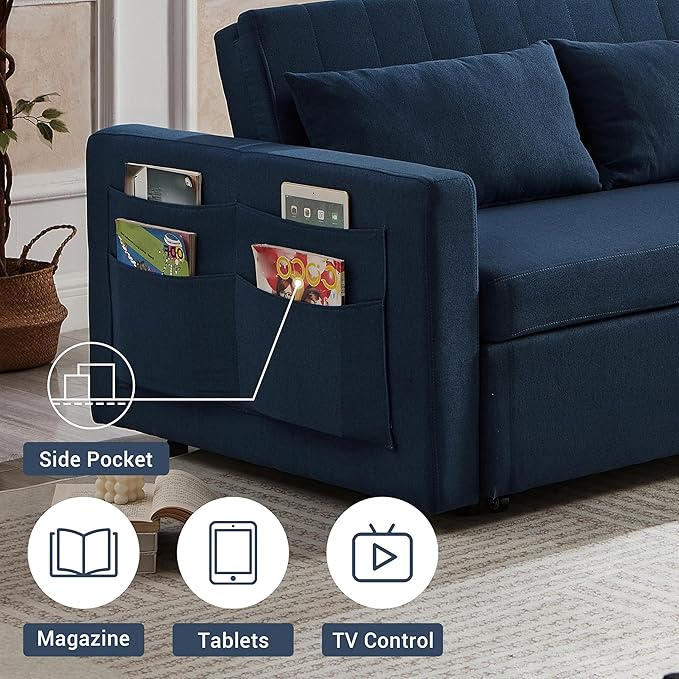 55.5 Fabric Convertible Sofa Bed Pull Out Sleeper Sofa Bed Loveseat Couch with Side Pocket 3 in 1 Convertible Sleeper Sofa Bed for Living Room Apartment Bedroom RV Navy Blue