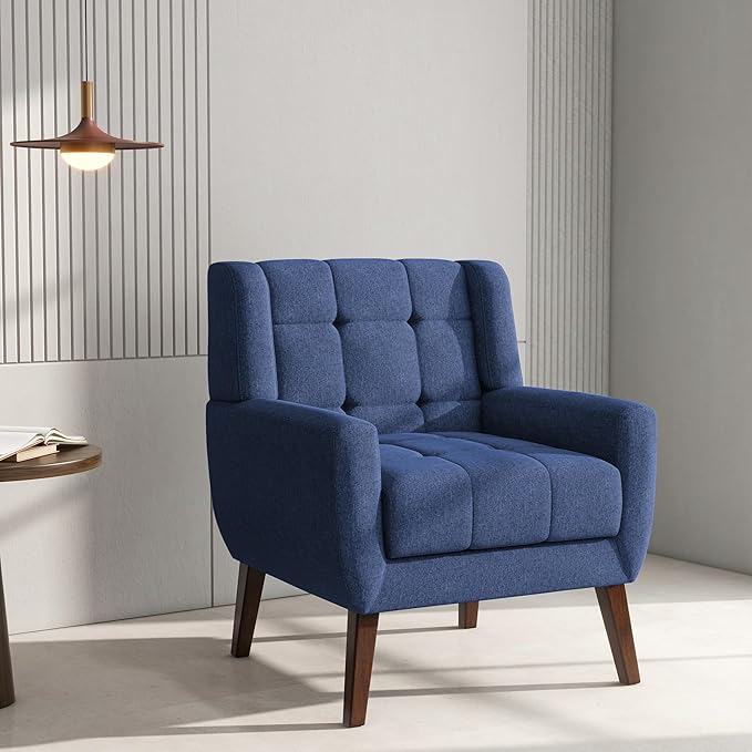 Accent Chair Comfy Mid Century Modern Small Armchairs with Solid Wood Frame and Soft Cushion for Living Room Bedroom (Fabric Blue Set of 4)