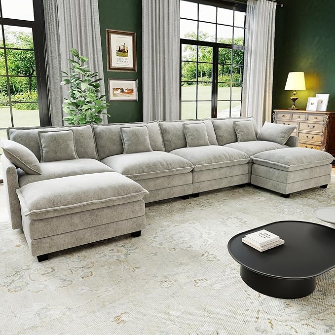 146 Cloud Couch Sectional U Shaped Modular Sectional Sofa 4-Seat Deep Seat Couch with 6 Removable Washable Pillows and 2 Ottoman for Living Room Bedroom Apartment Light Grey