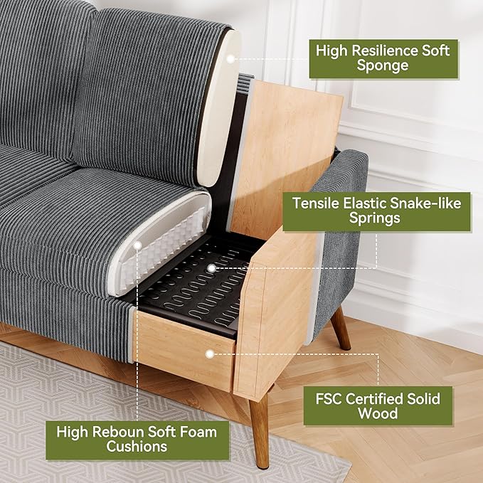 68 Loveseat Sofa Comfy Grey Corduroy Couches for Living Room Mid Century Modern Love Seat Sofa Tool-Free Setup Small Couches for Bedroom Office