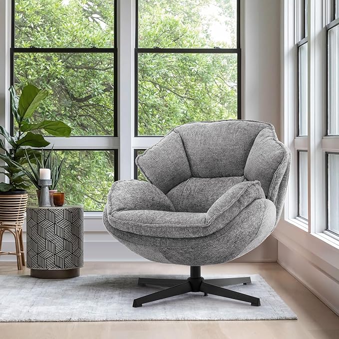 IWMH Swivel Accent Chair for Living Room Upholstered Armchair with Metal Legs Lounge Sofa Chair Comfy Leisure Chairs for Bedroom Reading (Gray)