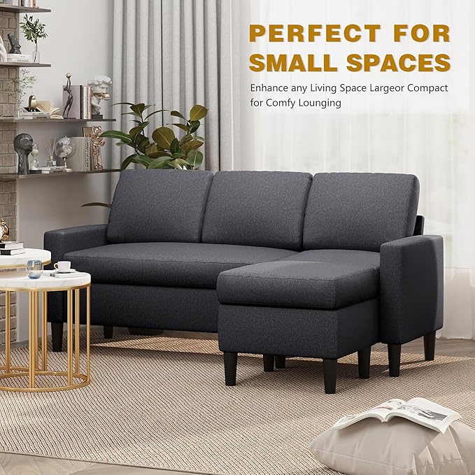 Shintenchi Small Convertible Sectional Sofa Couch with Ottoman 3 Seat L Shaped Sofa with Fabric Upholstered Sectional Sofas Small Couch for Apartments Living Room and Office (Carbon Black)