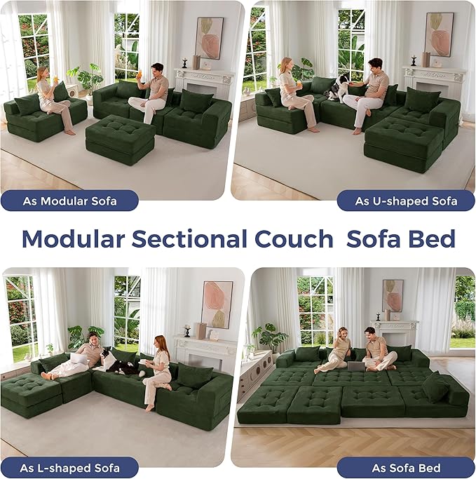 MAXYOYO Modular Sectional Sofa Couch Foldable U Shaped Cloud Couch with Pillows Tufted 6-Seat Boneless Sleeper Lounger Floor Sofa Bed for Living Room No Assembly Required Dark Green