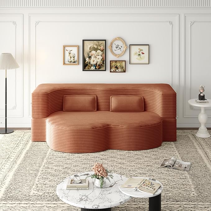 2 in 1 Folding Floor Couch Sofa Bed with 2 Pillows Convertible Sleeper Sofa Modern Full Mattress for Living Room Guestroom Plush Corduroy Floor Sofa BedNo Assembly RequiredOrange