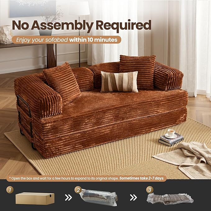 HOOOWOOO Convertible Folding Futon Sofa Bed4 in 1 Plush Corduroy Sleeper Couch No Assembly80.5 Boneless Loveseat 2 Chaise Lounge with Steel Frame(Brick Red)