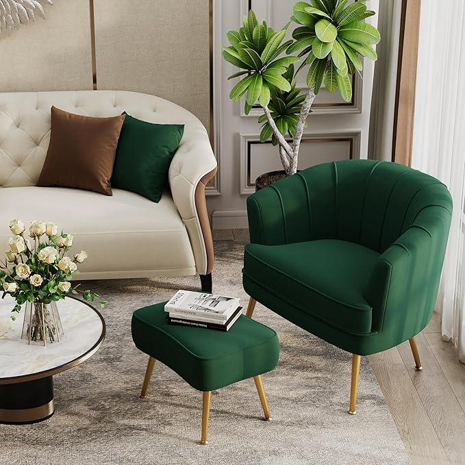 Velvet Accent Chairs with Ottoman for Living Room Bedroom Office Leisure Upholstered Single Sofa Chair Arm Chair Comfy Chair Reading Club Coffee Chair with Metal Legs Green