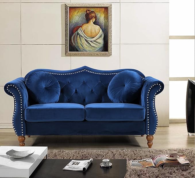 Anna1 Chesterfield Velvet Couches for Living Room Button Tufted Luxury Upholstery with Rolled Arms High-Density Foam Durable Wood Frame 65.5 Loveseat Blue De France
