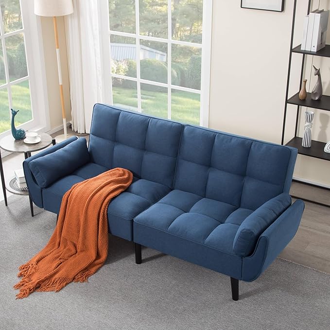 Convertible Futon Sofa Bed Modern Futon Couch with 2 Pillows Small Futons Couch with Adjustable Armrest &amp Backrest Loveseat Sofa Bed for Living Room Bedroom Blue