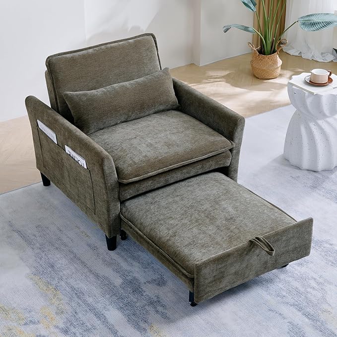 Sleeper Chair Pull Out BedChenille 3 in 1 Convertible Sleeper Couches Single Sofa Chair with Adjustable Backrest for Living Room Bedroom Small Spaces (Olive Green)