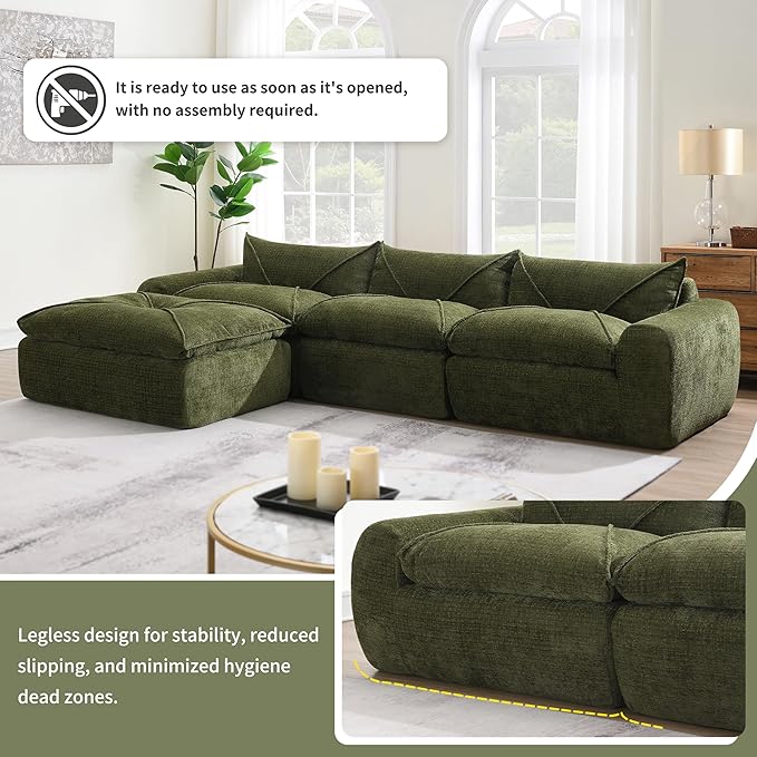 116'' Oversized Modular Sofa Fully Compressed 4 Seat Spacious Foam-Filled Sofa Bed for Living Room Free Combination Friendly Design L-Shaped Comfy Couches No Assembly Required (Green-QJ88)