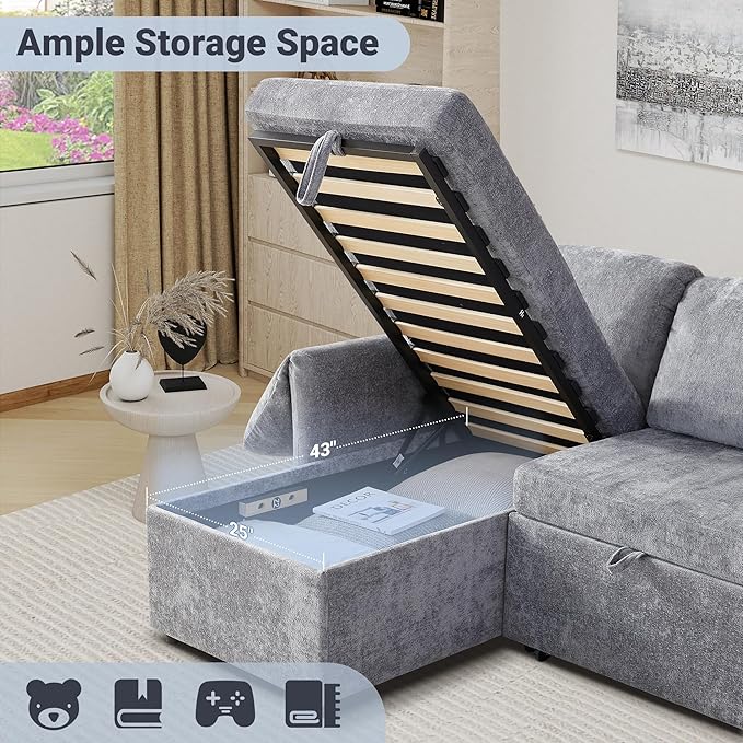 Tbfit Sleeper Sofa Couch with Pullout Bed Sofa Bed Couch with USB &amp Storage Chaise Chenille Convertible Sleeper Sofa 83'' Pull Out Sofas Couches for Small Space Apartment Light Gray