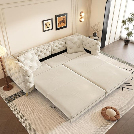 Ball &amp Cast 3-in-1 Convertible Sleeper Sofa with Movable Ottoman97.7 Velvet Pull Out Sofa Bed Modern Button Tufted 4-Seater Sofa Couch with Deep Seat for Living Room ApartmentOfficeBeige