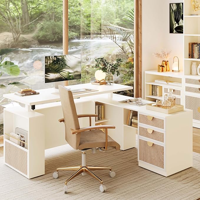 63 Standing Desk with File Cabinet Privacy Panel AC/USB 1.18 Desktop Executive L Shaped Height Adjustable Desk Electric Stand Up Table with 3 Drawers White Rattan