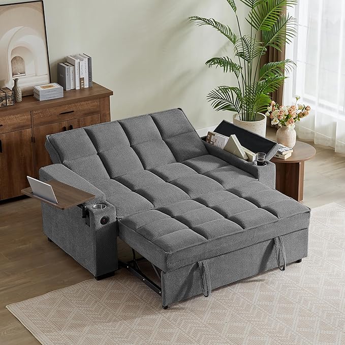 Eafurn Convertible Sleeper Sofa Bed with 360° Swivel Table &amp USB Ports Tufted Chenille Loveseat Pull-Out Couch with Storage Armrest &amp Cup Holders 6-Level Adjustable Backrest
