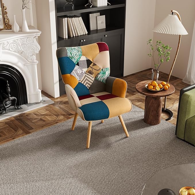 Accent Chair Living Room Chair Modern High Back Armchair Colorful Patchwork Reading Chairs for Bedroom Lounge Chair with Linen Fabric Shell and Solid Wood Feets (1 Colorful)