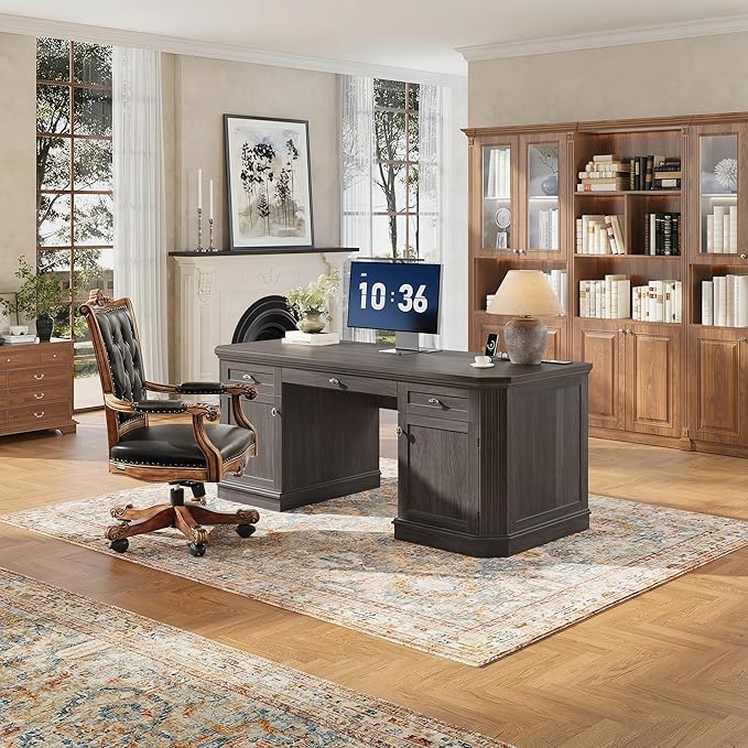 59 Classic Executive Desk with Storage Victorian Executive Desk with Charging Station Keyboard Tray 3 Drawers &amp 2 Cabinet Storage &amp 2 Pedestals Easy Assembly Black