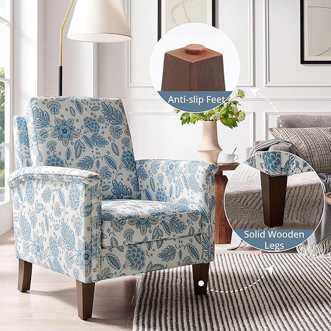 Accent Chair Set of 2 Modern Floral High Back Upholstered Armchair with Solid Legs for Living Room Spring-Padded Cushion and Removable Back Cushion Bedroom Reading Single Sofa Chair Blue