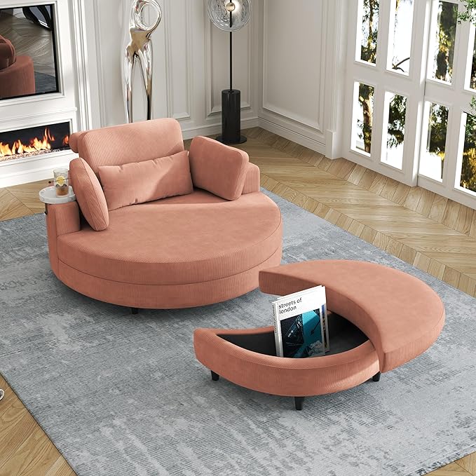 51-Inch Orange Corduroy Sofa Lounge Chair with 2 Throw Pillows 1 Waist Pillow 1 Extra Storage Tray for Comfortable Seating in Small Apartment Bedrooms Living Room
