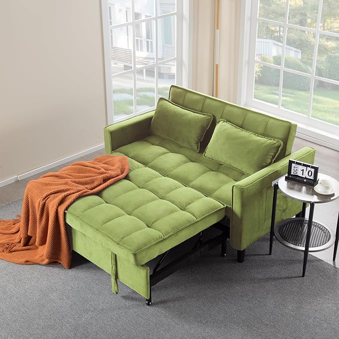 3 in 1 Convertible Sofa Bed Love Seat Sleeper Bed with Side Pockets Velvet Fabric Pull Out Couch with Adjustable Backrest for Living Room Bedroom Apartment Olive Green