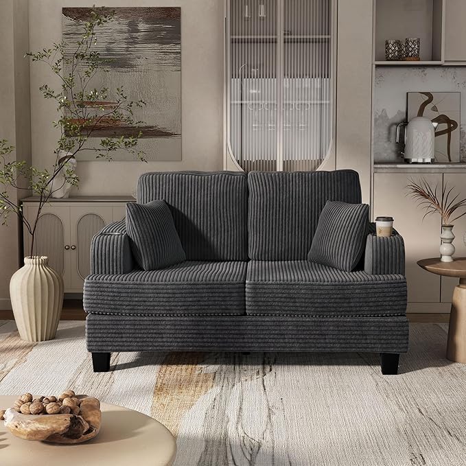 Homes: Inside + Out Reese Modern Plush Chenille Comfortable Loveseat with Side Pockets Cup Holders and Pillows Wooden Soft Couch for Living Room Bedroom and Office Dark Grey