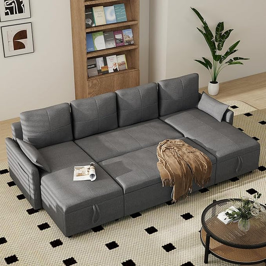 U Shaped Sleeper Sofa: 106 Grey Pull Out Couch with Storage Modern Convertible Sleeper Sofa Bed with Chaise 4 Seater Linen Couch Bed for Living Room