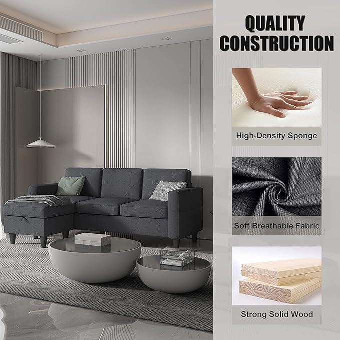 Dark Grey Convertible Sectional Sofa CouchModern Linen Fabric Upholstered L-Shaped Sofa Couch with Armrest Pockets3-Seat Sofa with Reversible Storage Ottoman for Living Room Small Space Apartment