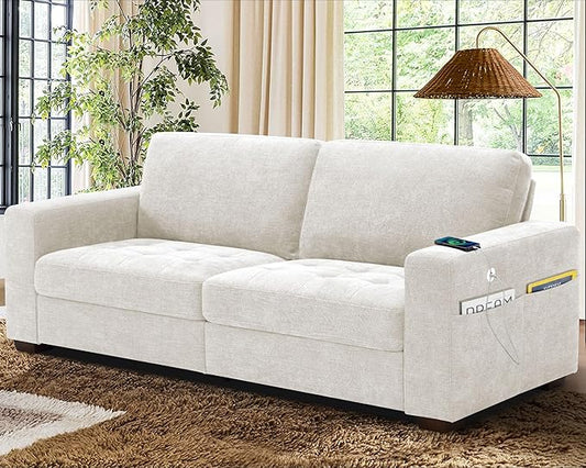 WorthFurni Sofas for Living Room Chenille Loveseat Couch Set Small Modern Sofa USB Charging Removable Sofa CoverSolid Wood Frame Easy to Install(89inchWhite)