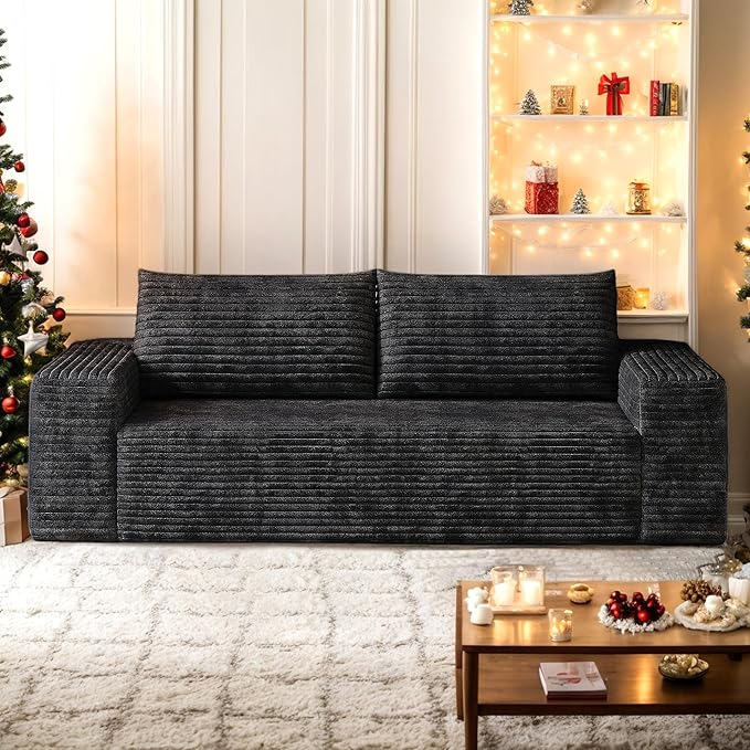 63 Small Cloud Loveseat Sofa in a Box Comfy Corduroy 2-Seater Boneless Couch Modern Deep Seat Sofa for Small Spaces Living Room &amp Apartment No Assembly Required (Black 63 inch) | Memory Foam