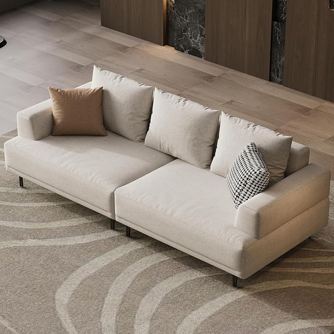 Cream Fabric Sectional Sofa – Contemporary Upholstered Couch with Metal Legs for Living Room (82.67inch-3Seats)