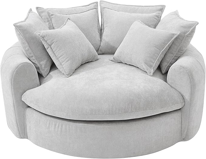 Merax 59.8 Full-Compressed Round Chaise Sofa Boneless Loaf Style Chenille Upholstered Sofa Bed with 8 Throw Pillows for Living Room Light Grey