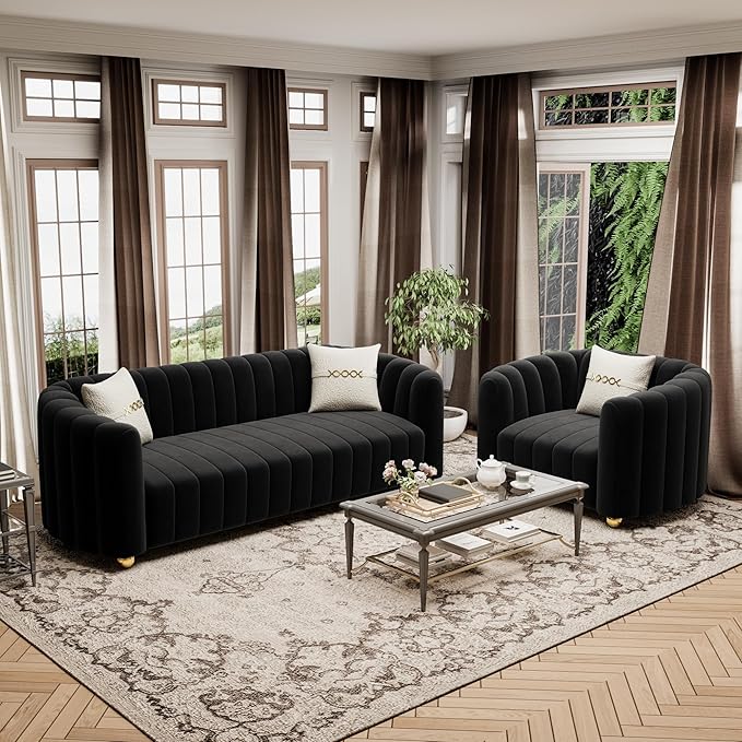 42 Velvet Sofa Chair for Living Room Modern Single Sofa with Gold Metal Sphere Legs (Black-1 Seater)