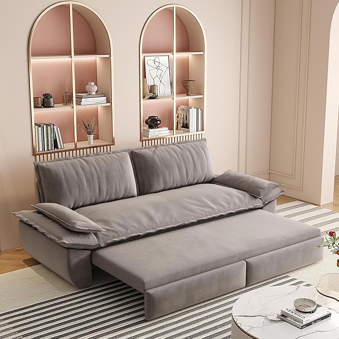 73.2‘’ Velvet Queen Size Pull Out Sofa Bed 3-in-1 Convertible Loveseat Sleeper Sofa with Armrest for Living Room Apartment Space Saving Gray