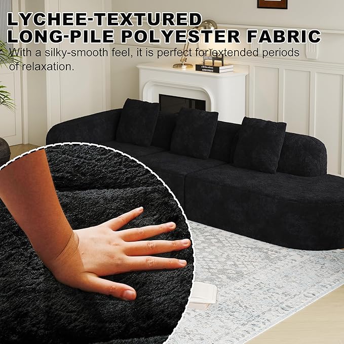 2 Piece 111.8“ Boneless L-Shaped Curved Modular 6-Seater Sofa Right Chaise Lounge Featuring Lychee-Textured Long-Pile Polyester Fabric Curved Backrest with Three Pillows