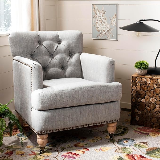Safavieh Hudson Collection Mario Light Grey and Brass Nailheads Club Chair