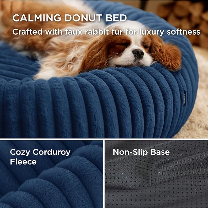 Bedsure ComfyFleece™ Donut Medium Dog Bed - Washable Faux Fur with Corduroy Fleece &amp Anti Slip Bottom Round Pet Beds with Removable Cover Night Blue 30x30x8 inches