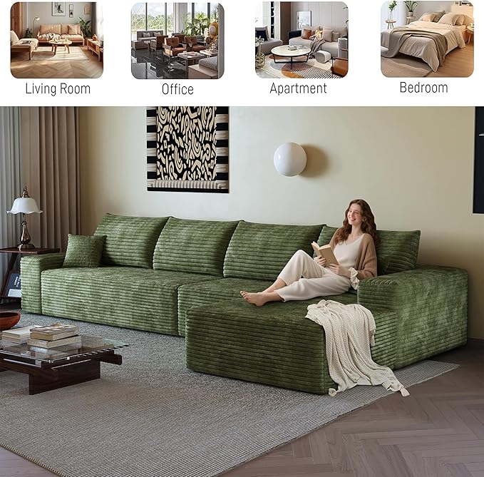 135.4 Boneless Couches for Living Room Modular Sectional Sofa with Oversized Chaise L-Shape Cloud Couch with Deep Seat High-Density Memory Foam No Assembly Required (Green Right Facing Chaise)