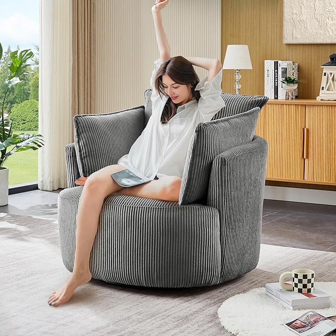 Swivel Accent ChairModern Accent Chairs for BedroomLiving Room Chair ComfyCorduroy Arm Chair360°Swivel Barrel Chairs for Living Room(1 Dark Gray)