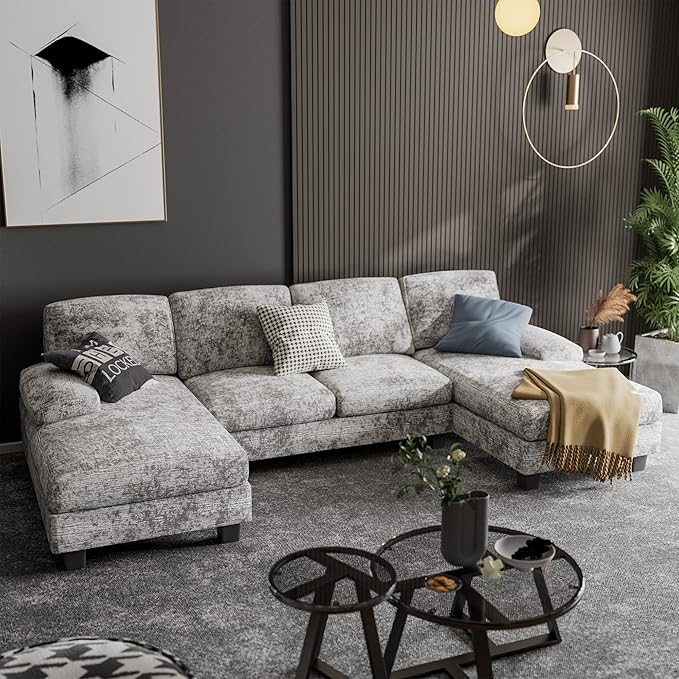 Furniwell Convertible Sectional Sofa Couch 4 Seat Sofa Set for Living Room U-Shaped Modern Fabric Modular Sofa Sleeper with Double Chaise &amp Memory Foam (Fabric Grey)