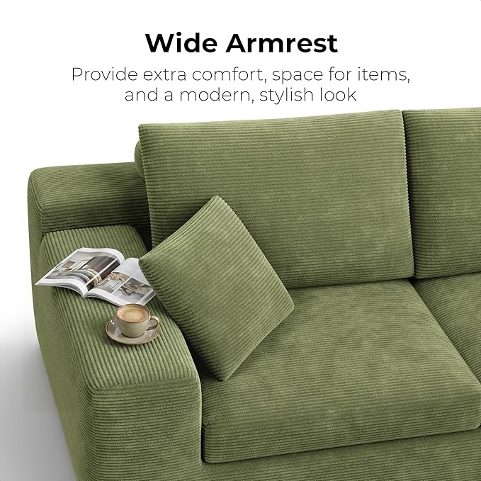 LIKIMIO 78 Loveseat Sofa in a Box Cloud Boneless Couch for Living Room with Comfy Deep Seat No Assembly Required Modern Upholstered Corduroy Sofa Apartment Home Office Green