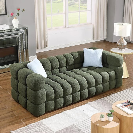 Comfy Marshmallow Loveseat Sofa3 Seater Boucle Cloud Couch with 2 Pillows Upholstered Love Seat with Throw Pillows Modern Living Sofa or Office Waiting Room (Olive Green Boucle)