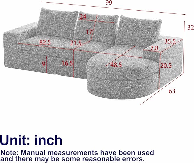 roomfitters 99 Modern Chenille Cloud Curved Sectional Sofa with Chaise L-Shaped Couch for Living Room or Apartment Black