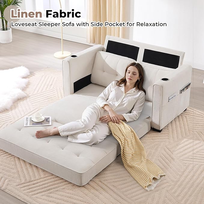 Convertible Sofa Bed Pull Out Loveseat Sleeper CouchLinen Fabric 2 in 1 Folding Couch Bed Fold Out Floor Futon Couches with Cup Holder for Living Room BedroomSmall Space Beige