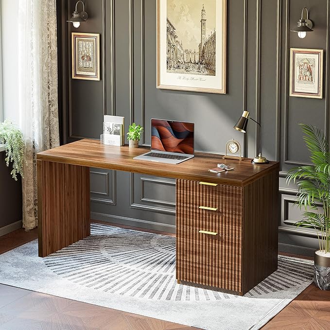 TIQLAB 55 One-Whole Piece Modern Executive Desk with Drawers Home Office Desk with File Cabinet for Letter&ampA4 Size Computer Writing Desk for Study Living Room Bedroom Black Walnut