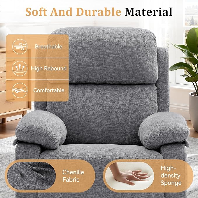 Recliner Chair 360 Swivel Rocker Chair for Adults Small Rocking Recliner Chair for Small Spaces Upholstered Chenille Fabric Glider Recliner Nursery Chair with Side Pockets for Living Room