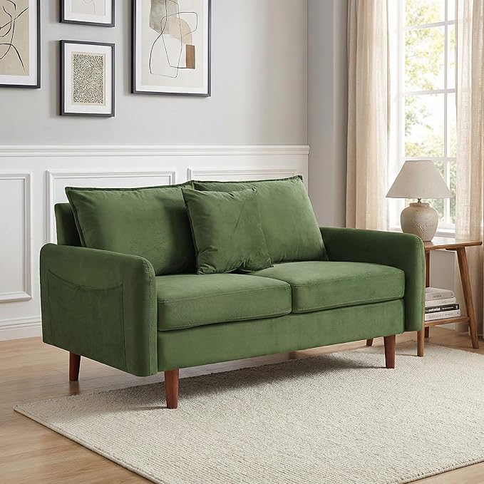 56.1 Round Arm Velvet Loveseat with Side Pockets and a Square Pillow (Army Green) | Side Storage Pockets Pillow Included