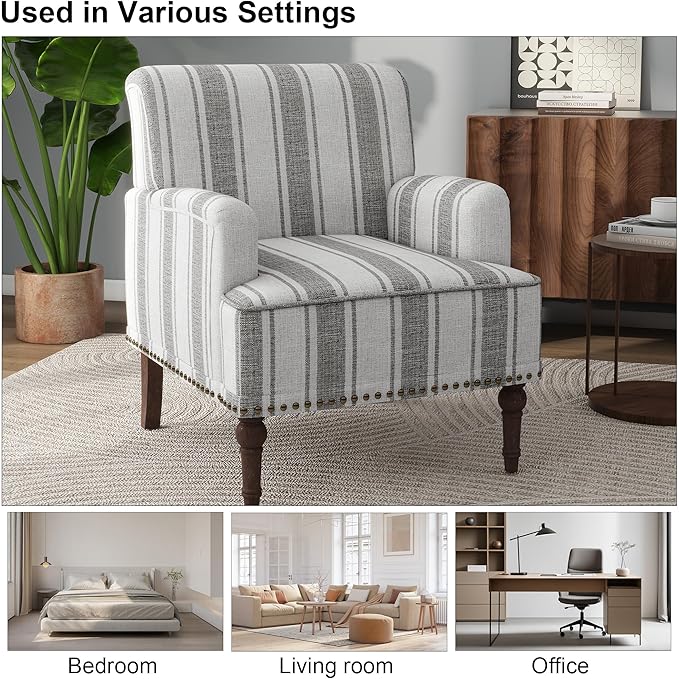 Accent Chair Mid Century Modern Comfy Armchair for Living Room Linen Fabric Single Sofa Lounge for Reading Bedroom Apartment Waiting Room with Wood Legs (Grey Stripe Set of 2)