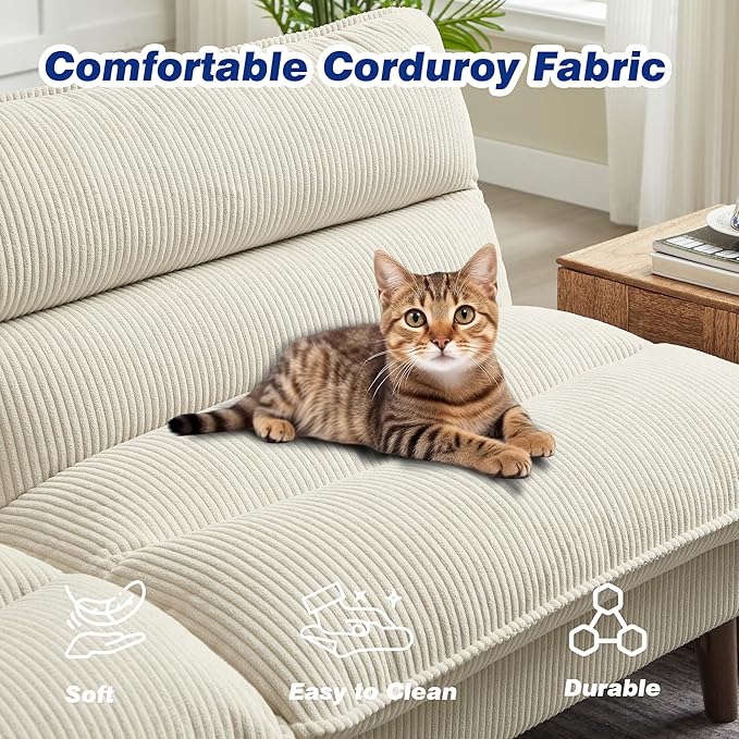 72 Futon Sofa Bed Convertible Futon Couch with Adjustable Backrest Modern Corduroy Sleeper Sofa for Small Spaces Living Room Office Beige